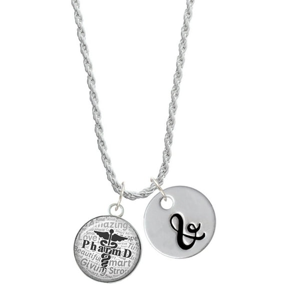 Delight Jewelry Silvertone Domed Black PharmD Silvertone Script Initial Disc - & - Charm Necklace, 20"+3"