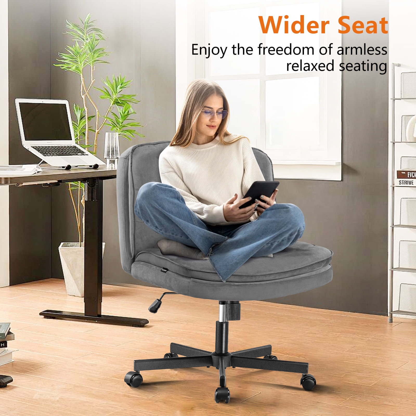 COMHOMA Armless Office Desk Chair, Criss Cross Swivel Chair with Wheels, Wide Seat Adult Vanity Chair for Home Office , Gray