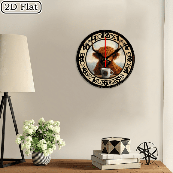 2D 1pc Vintage Highland Cow Coffee Design Silent Wall Clock - Wooden, Ideal for Living Room, Bedroom, Kitchen, Office Decor, Perfect Christmas Gift, Room Decoration, Birthday Gift for Lovers 10Inch