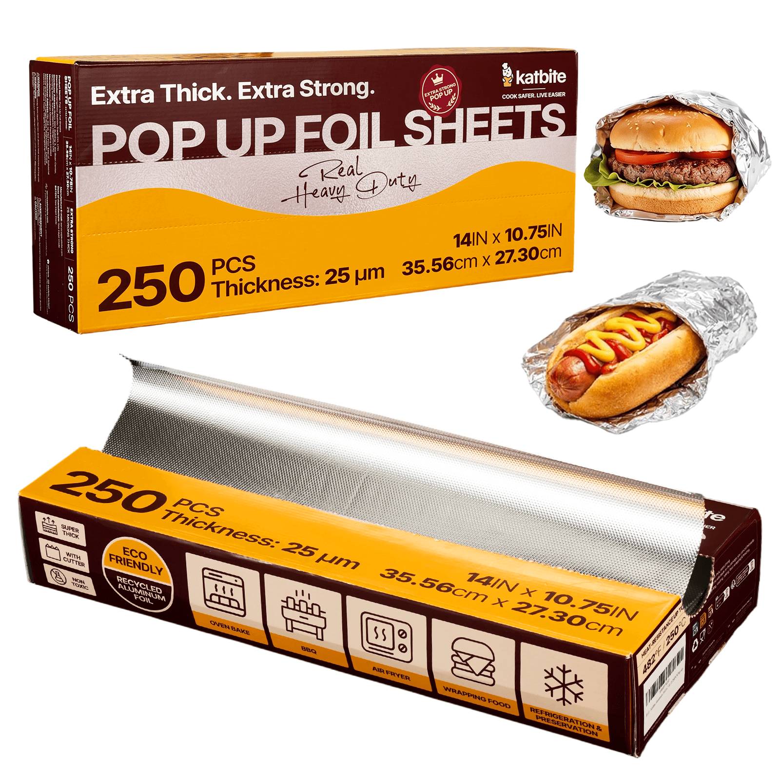 Katbite Pop Up Aluminum Foil Sheets, 250 Count, 14 x 10.75 in Heavy Duty Precut Foil Wraps, 25 Micron Food Safe Tin Foil for Cooking, Baking, Grilling, Catering and Food Prep