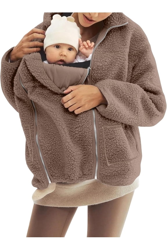 Maternity Baby Wearing Jacket, Women's 2-in-1 Winter Coat with Kangaroo Pocket, Heavyweight Fleece Zip Up Front for Mother and Infant