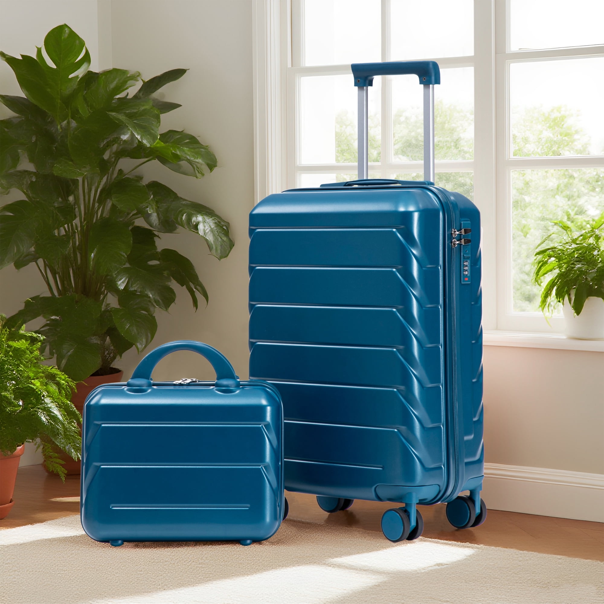 14"/20" 2 pcs/set in ABS Spinner Wheel Luggage, with Combination Lock, 14" Cosmetic Case (Dark Blue)