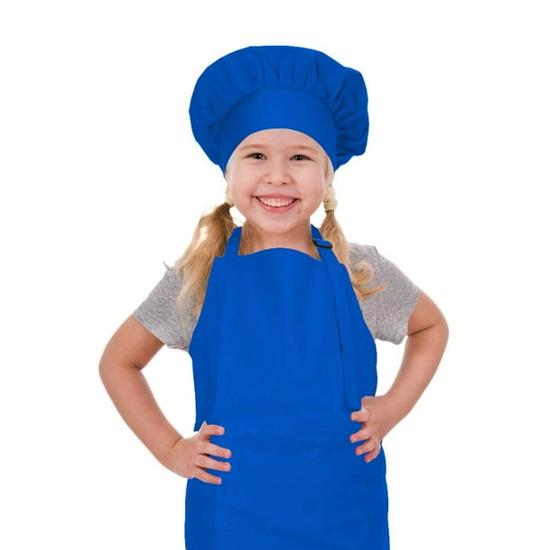 Crjhns Conjunto De Delantal Y Gorro De Cocinero Para Niños Delantales Infantiles De Algodón Ajustables Con Bolsillo Grande Delantales Con Pechera De Cocina Para Niñas Y Niños Azules Para Cocinar, Horn