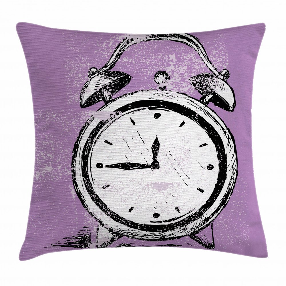 Doodle Throw Pillow Cushion Cover, Retro Alarm Clock Figure with Grunge