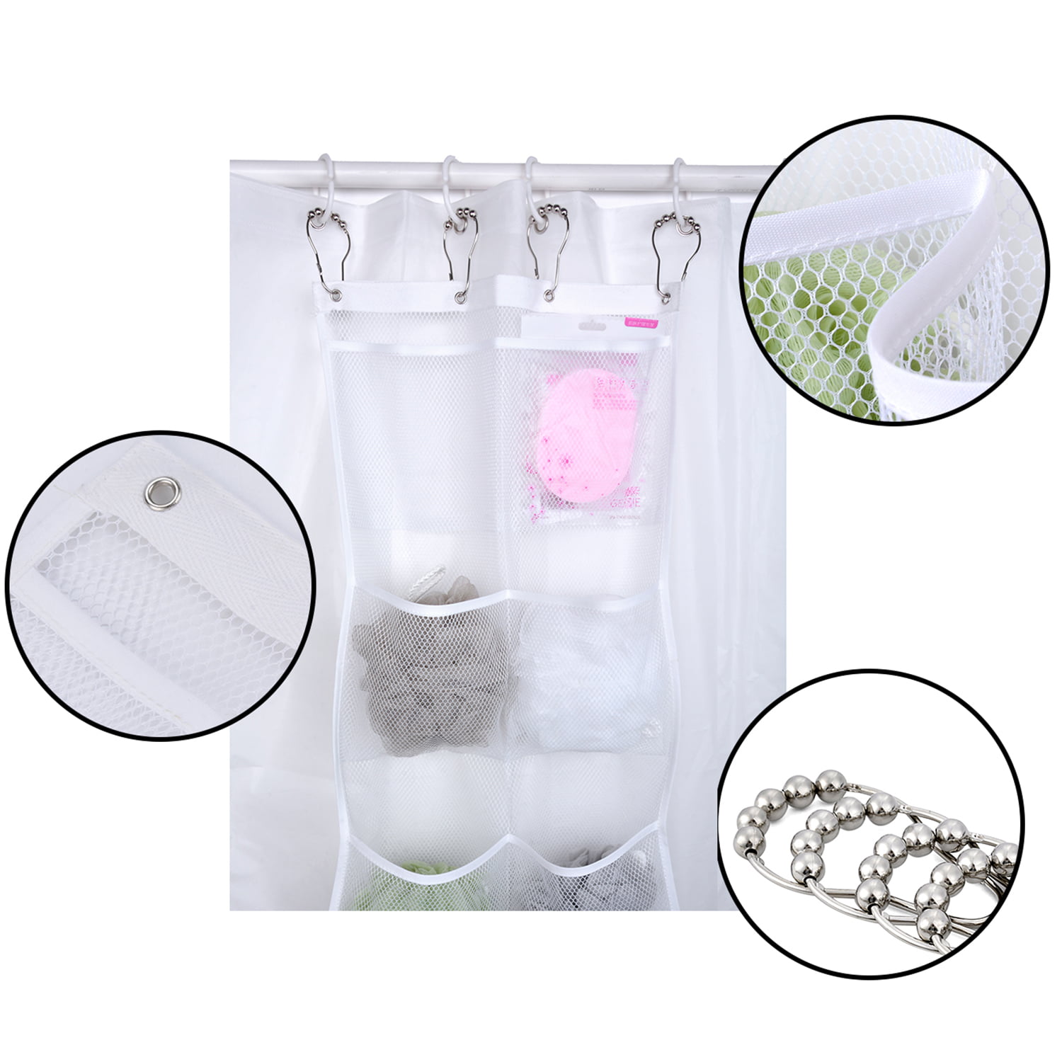 Yihoon Mesh Shower Caddy Curtains Organizer - Hanging Bathroom Shower  Curtain Rod/Liner Hooks Accessories with 6 Pockets Save Space in Small  Bathroom