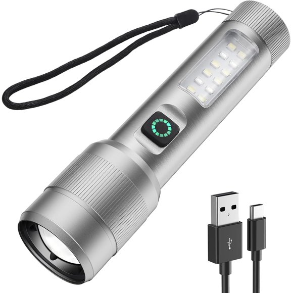 Rechargeable high-lumen flashlight, 5000 lumens super bright LED flashlight, tactical flashlight with Cob sidelight, waterproof