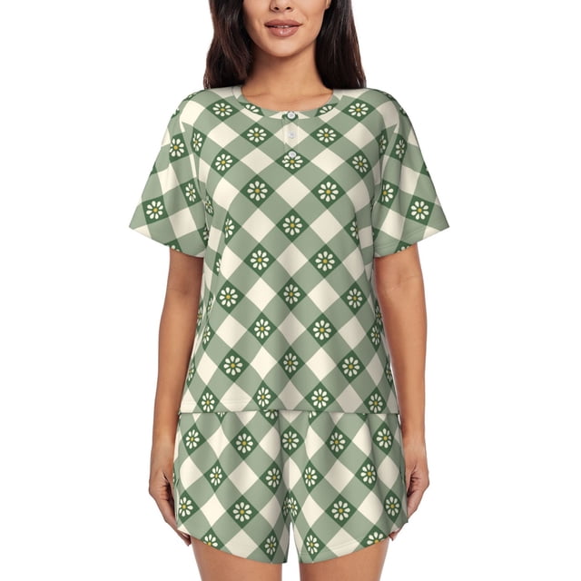 Balery Daisy Plaid Green Conjunto de Pijama para Mujer con Estampado, Dos Piezas de Manga Corta y Shorts, Ropa de Dormir Suave con Cuello Redondo y Bolsillos-XX-Large