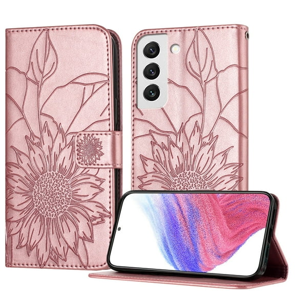 ELEHOLD Case for Samsung Galaxy S22, Sunflower Embossed Leather Wallet Case with Magnetic Closure & Kickstand,Rosegold