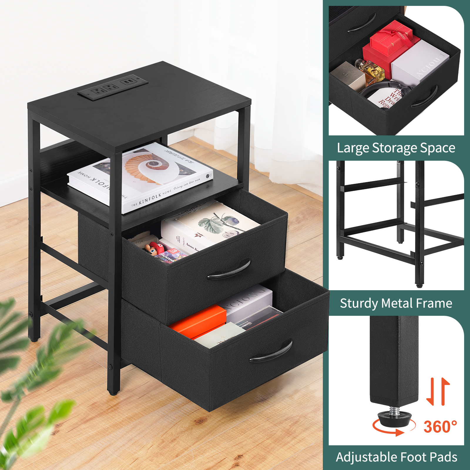Yoobure Nightstand with LED Charging Station, Black photo 2