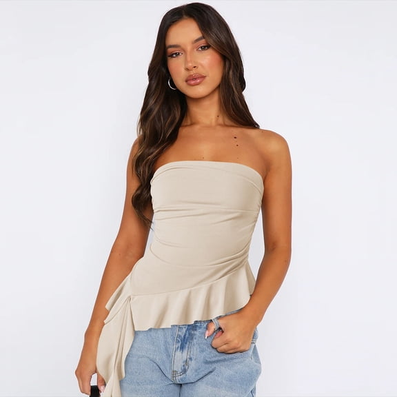 LYMAYTER‌ Tube Tops‌ for Women Strapless Ruffled Asymmetrical Hem Ruched Bandeau Cami Tank Comfortable
