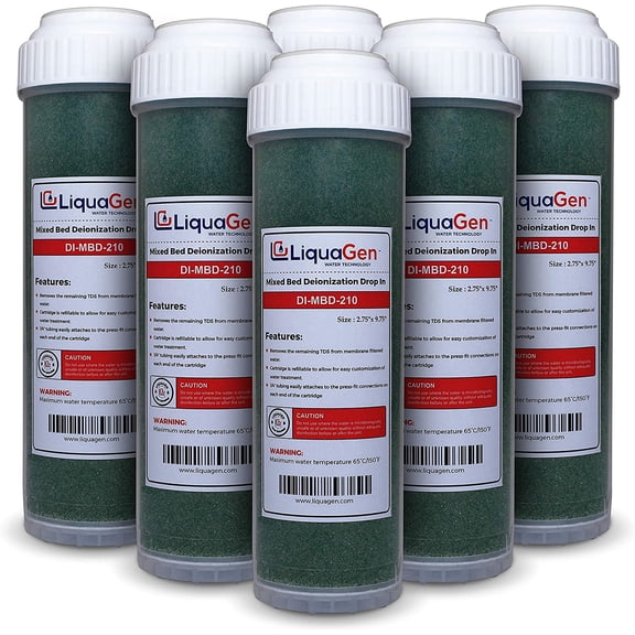 LiquaGen - 6 Pack Refillable Drop In Deionization (DI) Filters for RO/DI Aquarium Applications - 10" | 0 TDS/PPM Water | Saltwater & Freshwater Use | Filter for Fish Tanks