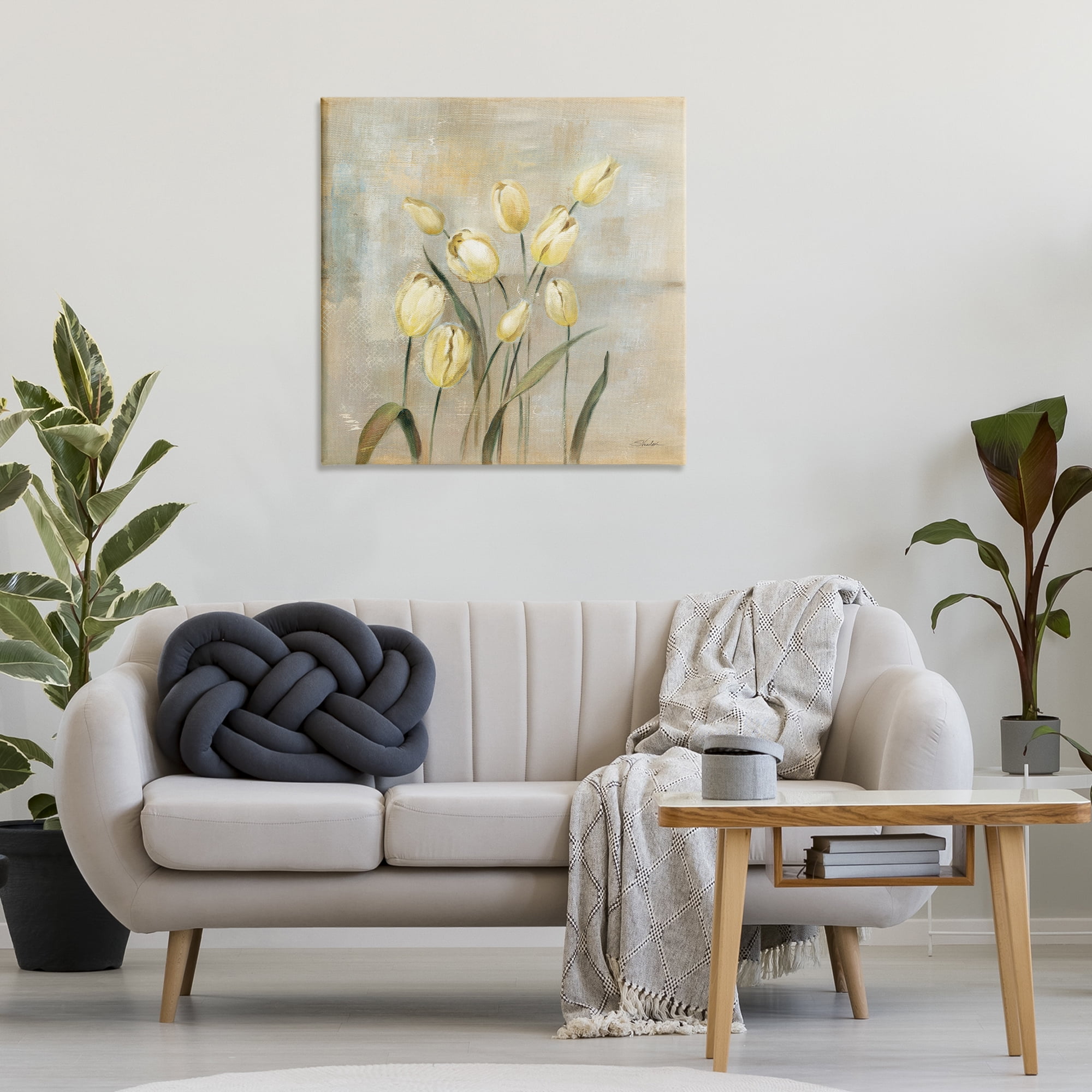 Stupell Industries Yellow Tulips on Beige Botanical & Floral Painting Gallery Wrapped Canvas Art Print Wall Art, 30 x 30