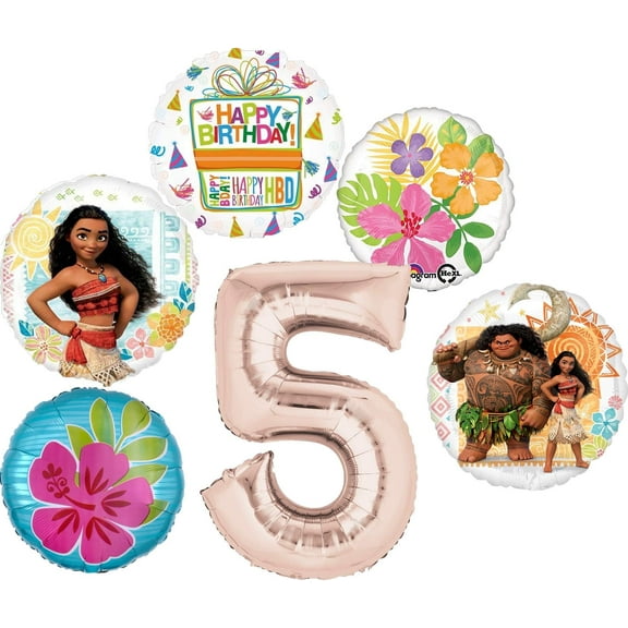 Moana Party Supplies 5th Birthday Balloon Bouquet Decorations - Rose Gold Number 5