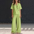 thumbnail image 3 of longantii Womens Two Piece Outfits Ruffle Hem Sleeveless Vneck T-Shirts Comfy Wide Leg Drawstring Trousers Modern Fit Sweatsuits with Multi-Pocket Green 2XL, 3 of 4