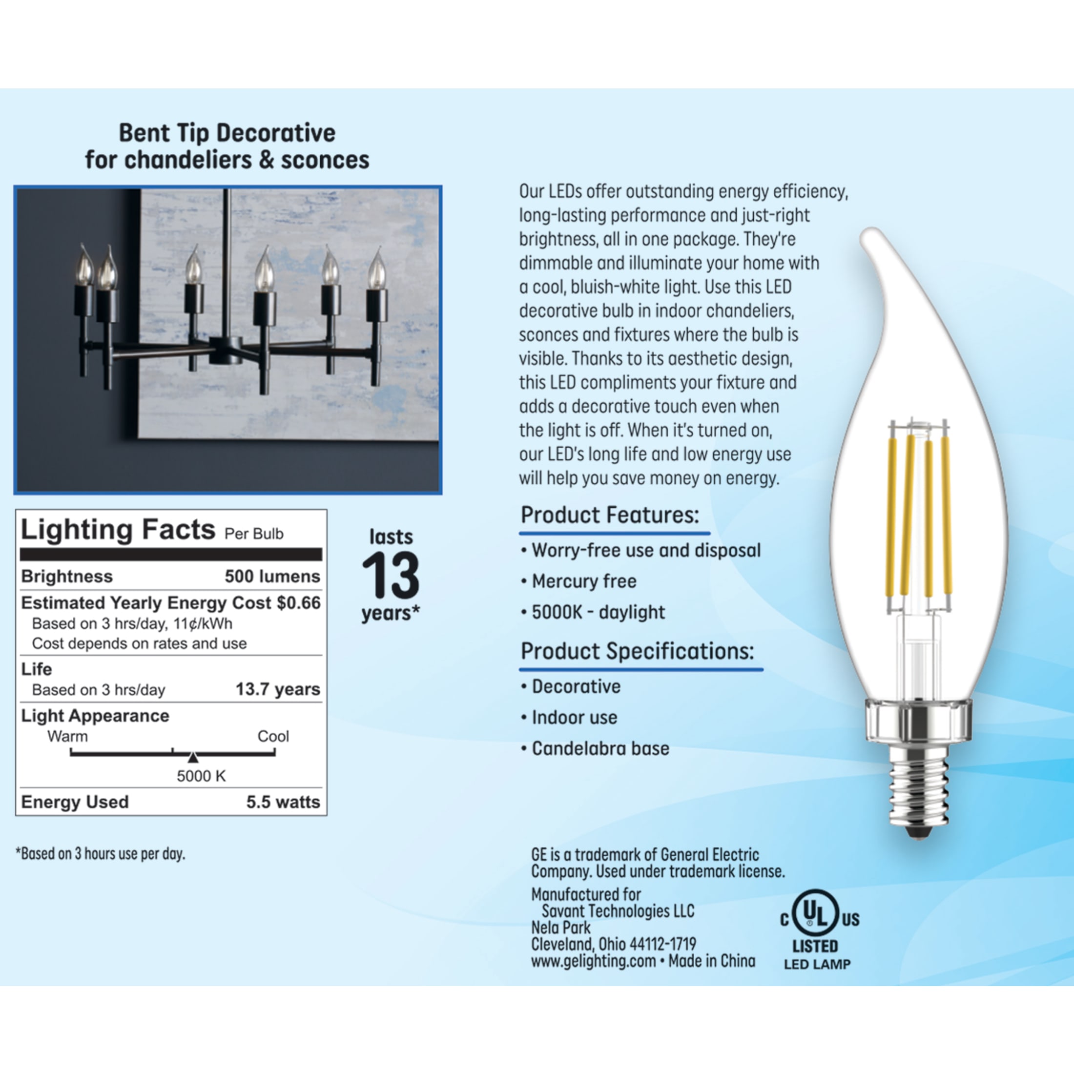 GE LED Light Bulbs, 60 Watt Replacement, Daylight, CA11 Decorative Candle Bulbs, 4pk