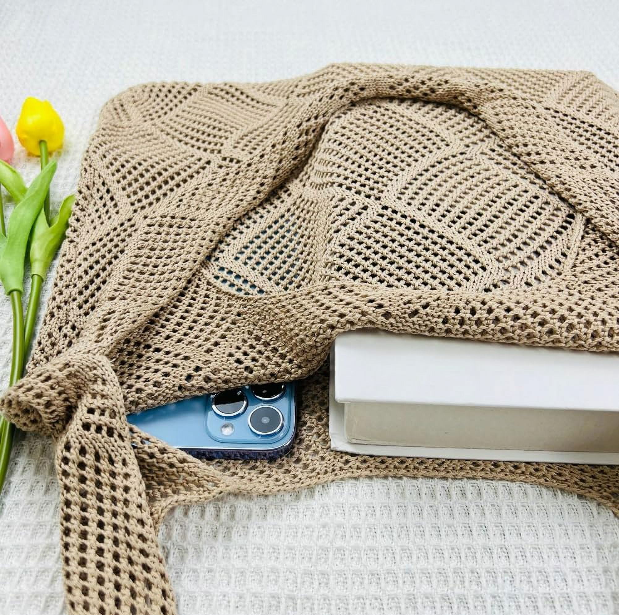 Kukuzhu Women Knit Hobo Tote Bag Aesthetic Crochet Handbags Casual Mesh Shoulder Handbag Hand Crochet Bags Purse