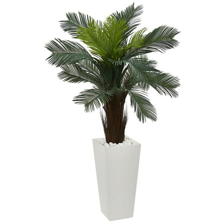 Nearly Natural 4.5ft. Cycas Artificial Plant in White Tower Planter, Green