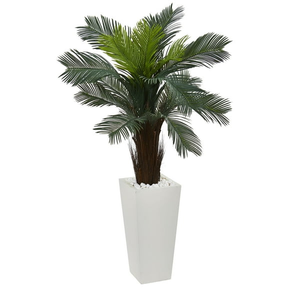 Nearly Natural 4.5ft. Cycas Artificial Plant in White Tower Planter, Green