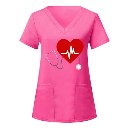 

Youmylove Women Scrubs Tops Short Sleeve V-Neck Heart Printed Top Working Uniform With Pockets