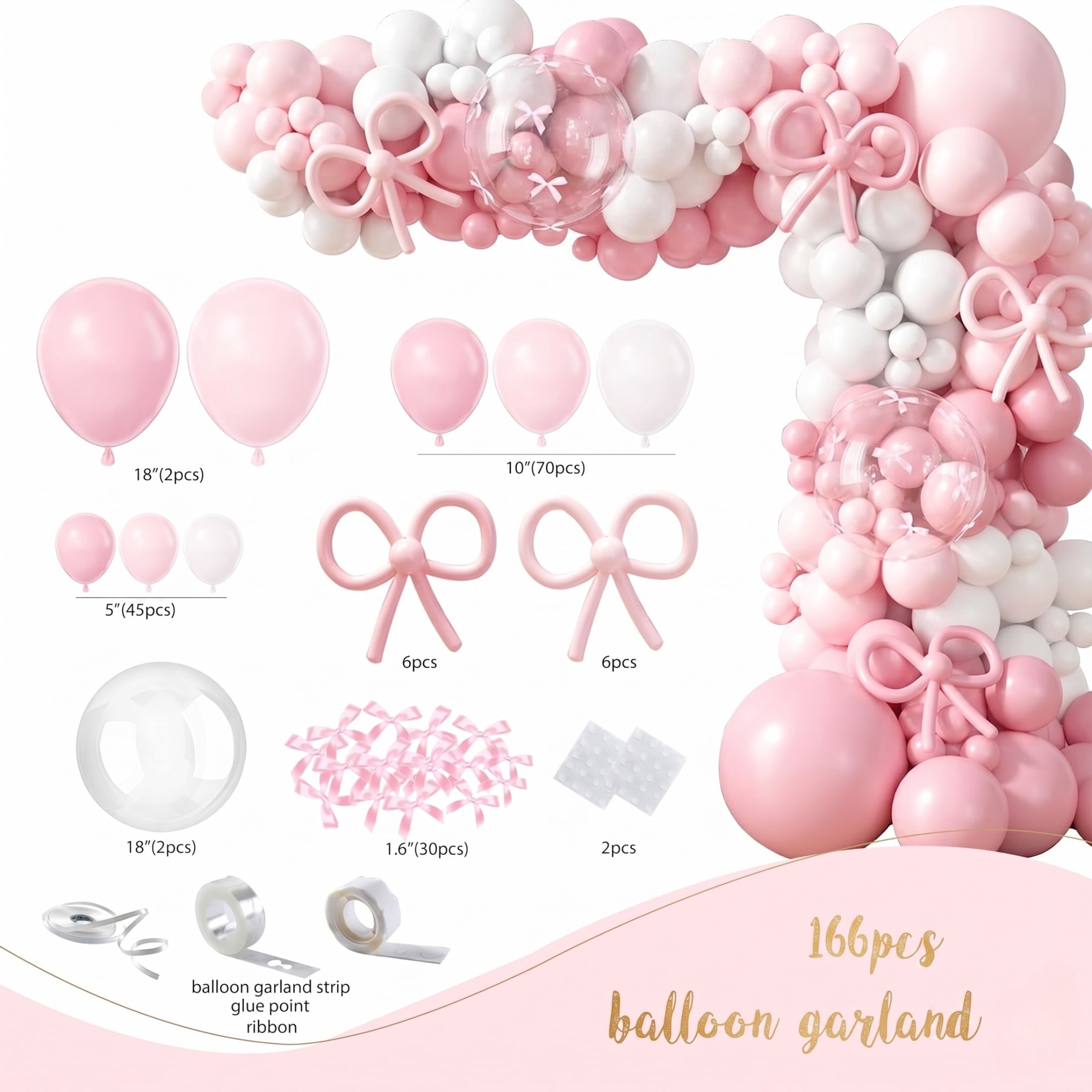 EMPIRE PARTY Supply Pink Bow 1st Birthday Decorations for Girl, Pink White Balloon Arch Kit, Backdrop, High Chair Banner, 166 Pieces
