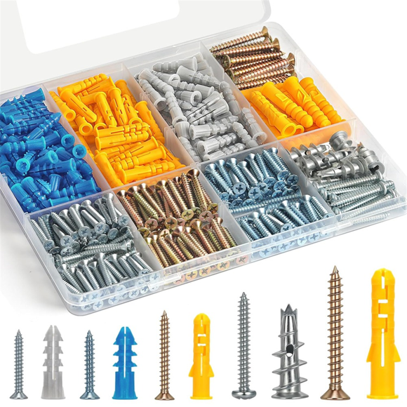Drywall Anchor and Screw Combo Set, Zinc Drywall Anchor, 5 Sizes Short and Long for Hanging Pictures, Curtain Rods,1 set * dry wall anchors and screws kit