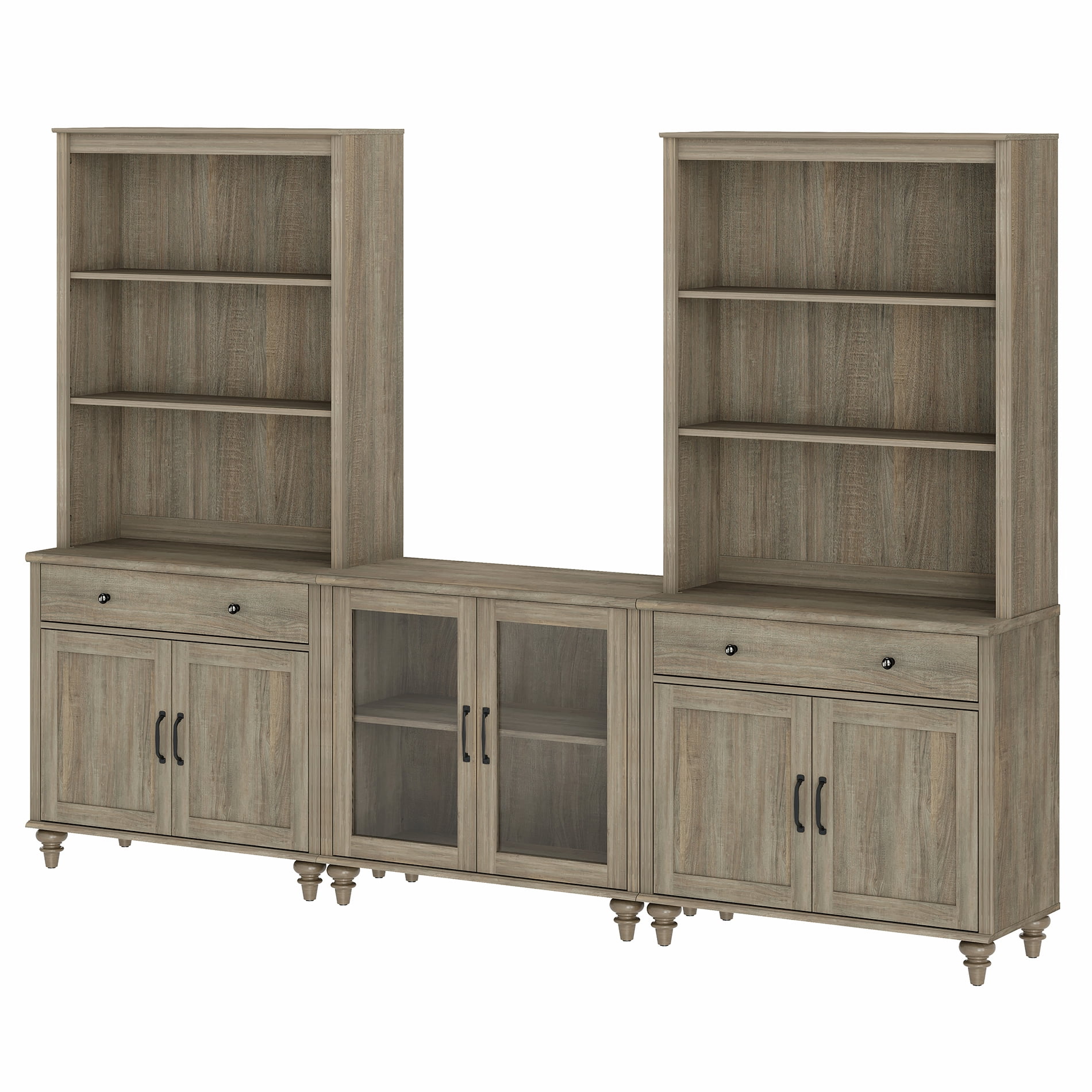 Farmhouse Bookcase With Doors & Drawers, Wash Gray, 101.6" W