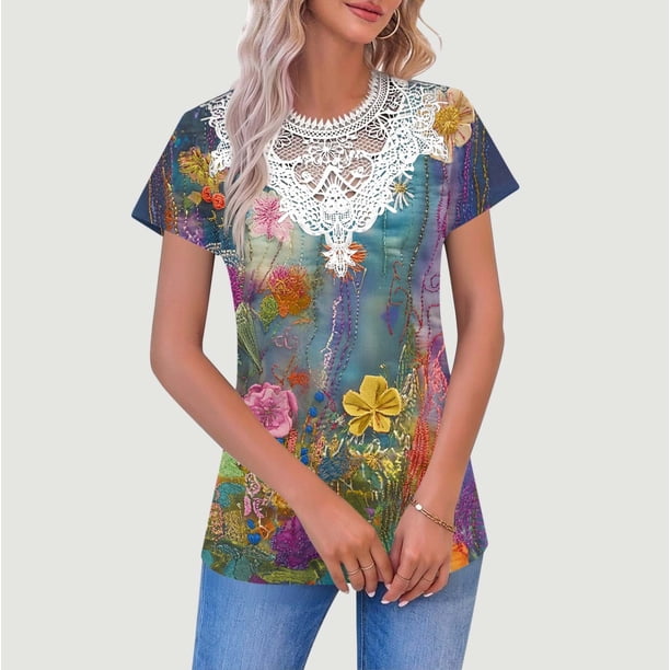 TaTaai Women‘s Everyday Floral Print Pullover, V Neck Short Sleeve Blouse with Sheer Mesh Accents, Relaxed Fit Casual Top for Spring Season Wear Gift