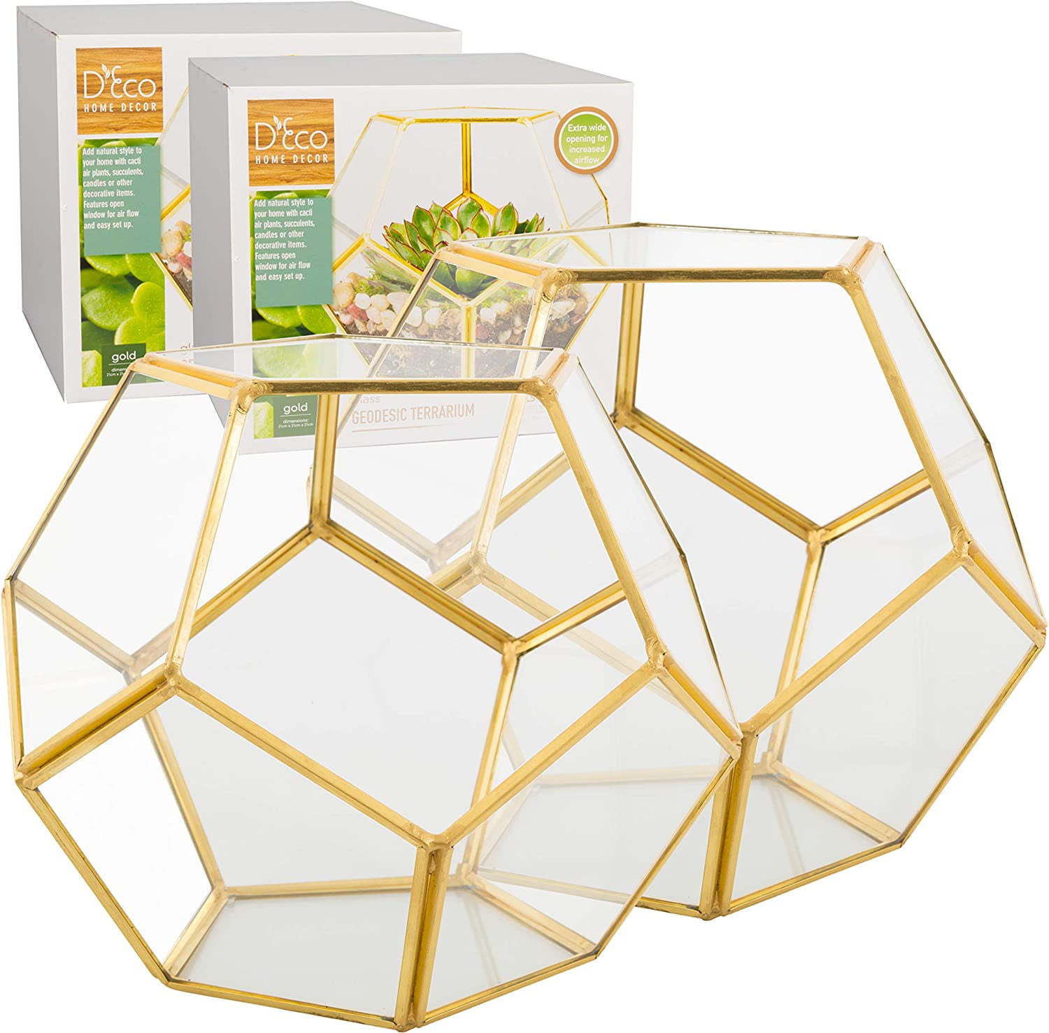 D'Eco Glass Geometric Plant Terrarium (Set of 2) - Indoor Tabletop Gold Sphere Planter Terrarium - Succulents, Air Plants, Moss - Home Garden Office Wedding Decor - Gift Idea for Plant Lovers