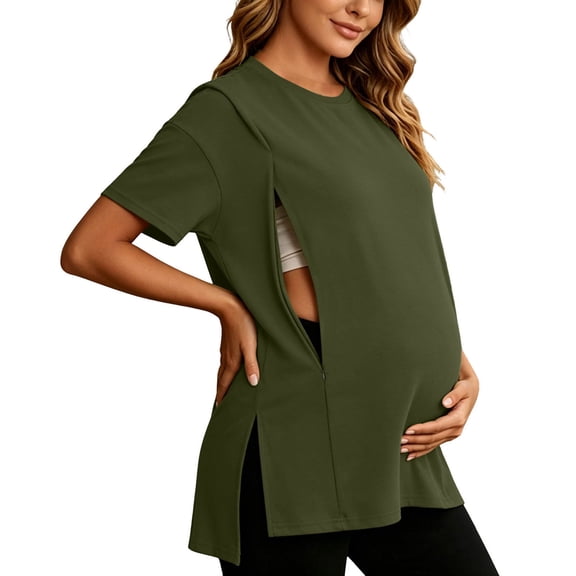 Gytharion Women's Breastfeeding Pregnancy Blouse Solid Color Zippered Crewneck Short Sleeve Tees Comfortable Maternity Nursing Tops