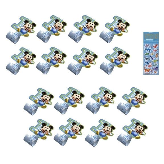 Disney Mickey Mouse 1st First Birthday Party Supplies Bundle includes 16 Party Blowouts and 1 Dinosaur Sticker Sheet