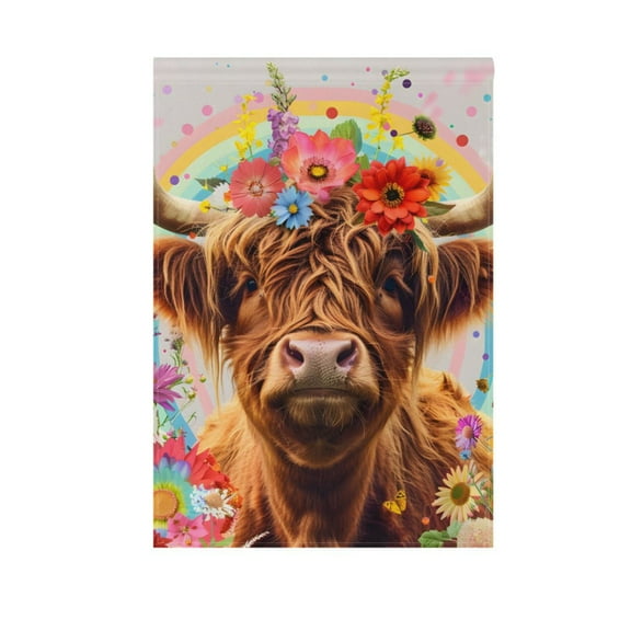 Highland Cow Flowers Rainbow Garden Flag House Banner 12" x 18" Double Sided Outdoor Yard Decoration