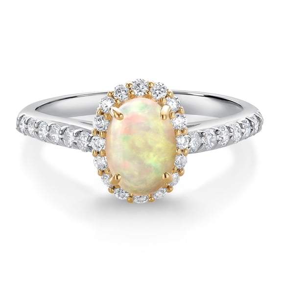 Gem Stone King 10K White Gold White Ethiopian Opal White White Lab Grown Diamond Halo Engagement Ring for Women (0.82 Cttw, Oval Cabochon 7X5MM, Gemstone, Size 9)