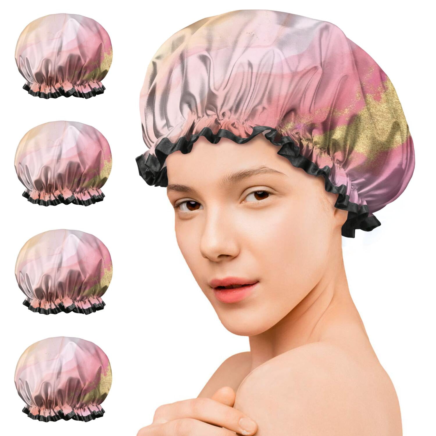 Shower Caps,Pink Gold Marble Pattern Waterproof Shower Cap for Women 4 Pieces,Double Reusable Hair Cover for Shower PEVA Elastic Stretch Hem