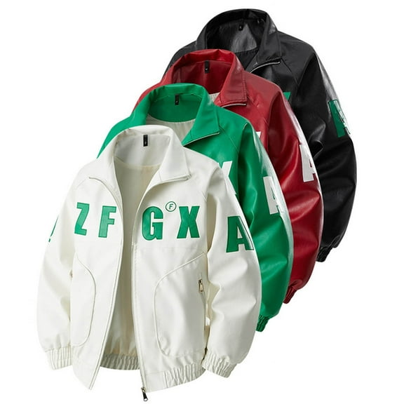 FRSASU Men's Stand-up Collar Motorcycle Leather Racing Suit Color-Blocking PU Leather Jacket with Pocket White