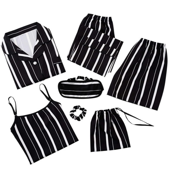 PMVFHDE Women's 7 Piece Sleepwear Set Solid Color Loungewear, Year Round Homewear Set, Comfortable Pajama Set, Complete Outfit with Accessories Black,XXL