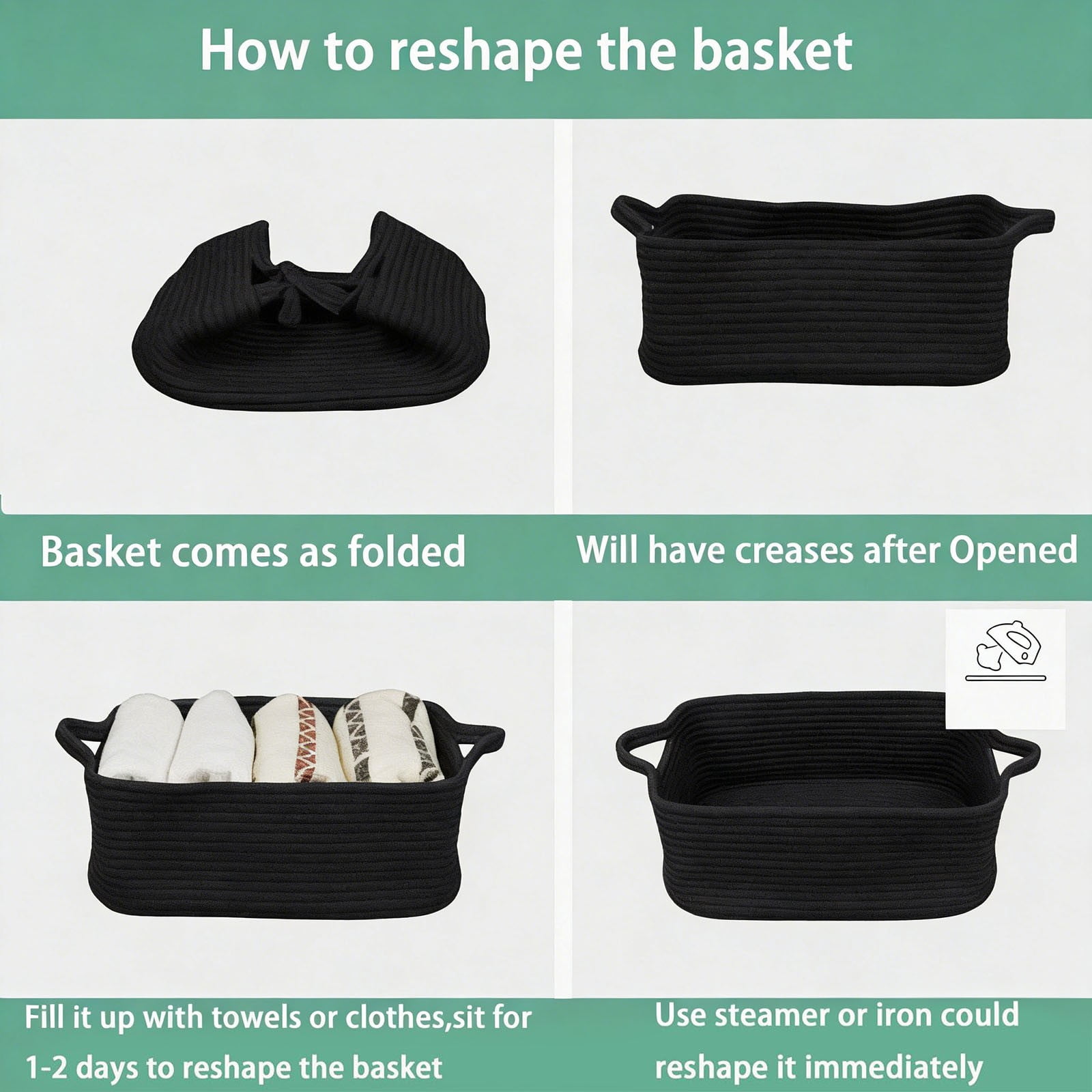 RUIKI 1Pc white rope basket, black storage bin, rectangular storage basket with handles, for toy, gift, storage