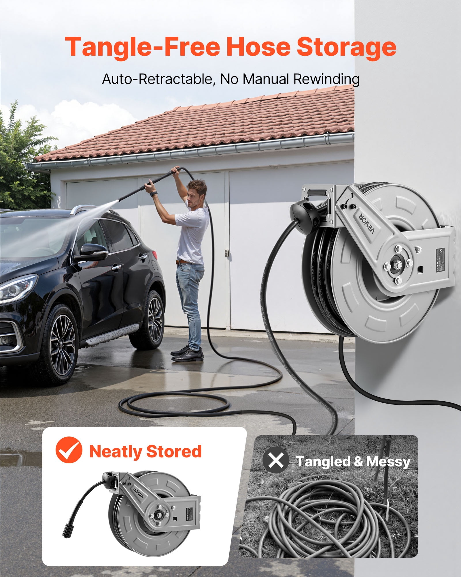 VEVOR Pressure Washer Hose Reel, 65 ft x 1/4 inch Retractable Power Heavy-Duty Steel Washer Hose Reel, 3200PSI Max, Auto-Rewinding, Flexible Wall/Floor Mounted for Car Washing,Garden,Floor Cleaning