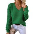 thumbnail image 2 of Women V Neck Knit Hollow Openwork Lantern Long Sleeve Ribbed Cuff Loose Fit Knit Pullover Sweater Green M, 2 of 8