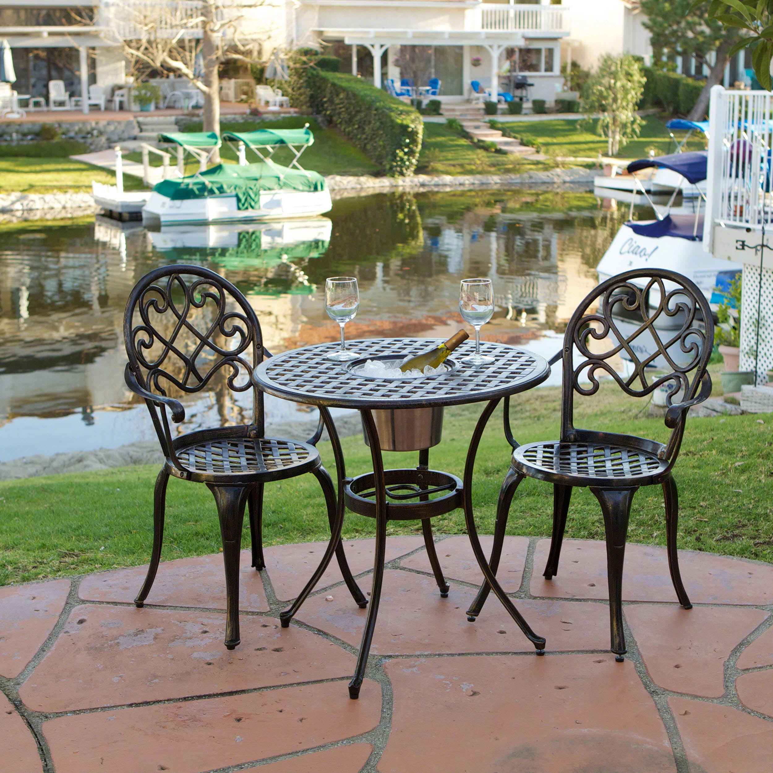 Pisa Cast Aluminum Outdoor Bistro Furniture Set With Ice Bucket