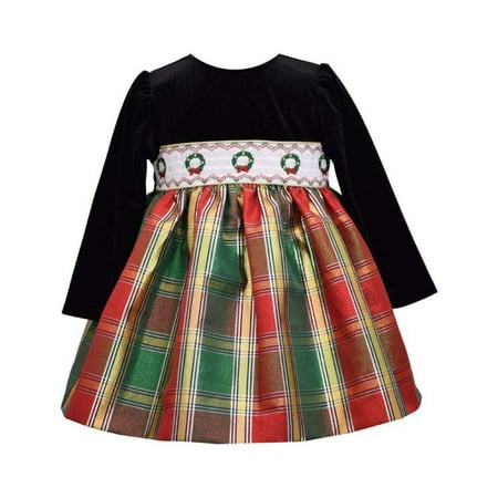 

Bonnie Jean Girl s Holiday Christmas Dress - Long Sleeve Smocked Plaid for Baby Toddler and Little Girls Red/Green/Black 3T