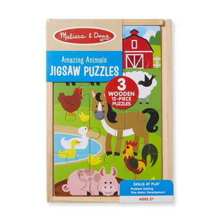 Melissa & Doug Amazing Animals Wooden Jigsaw Puzzles in a Box - 3 puzzles, 12 pcs