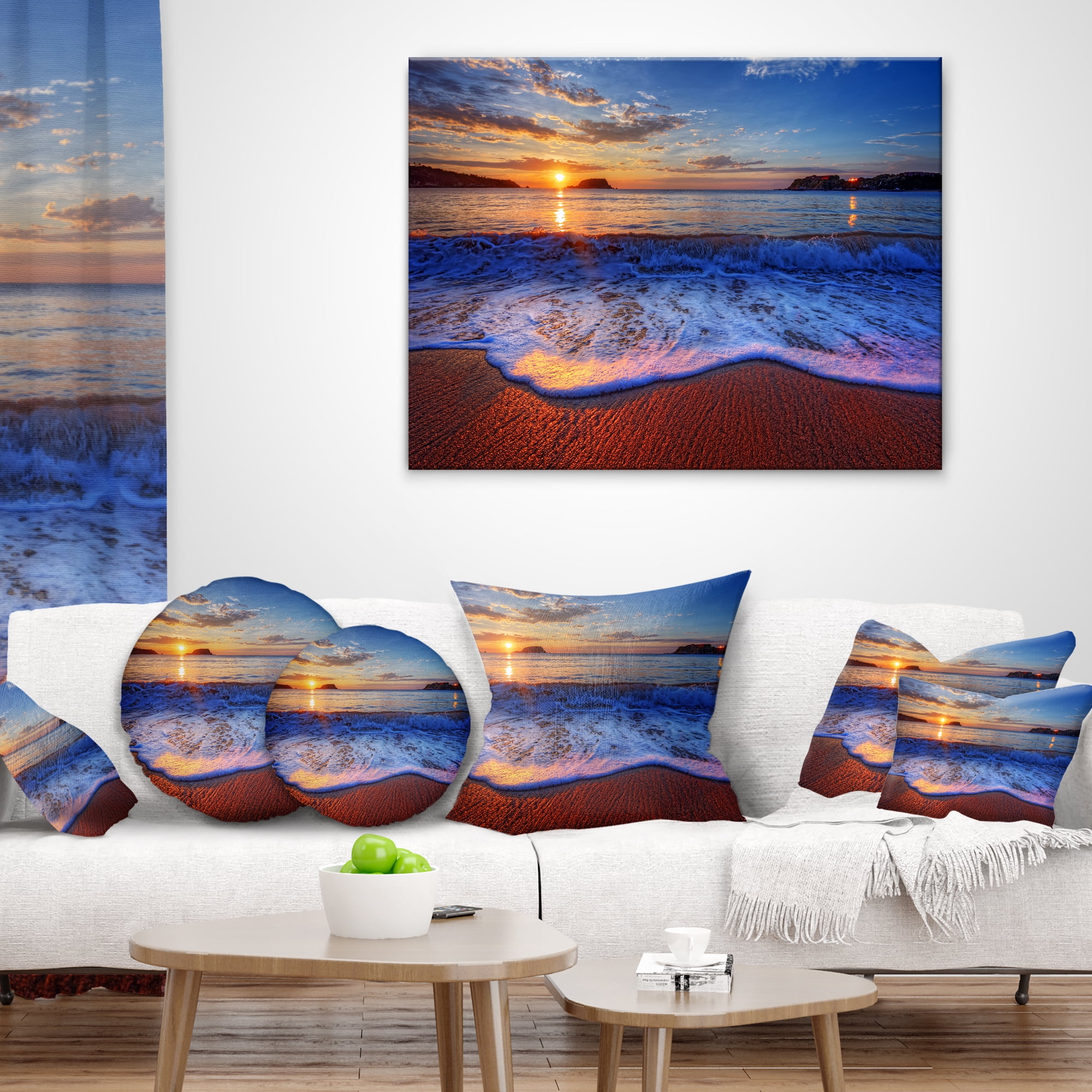 Designart Blue Waves on Sandy Beach - Seashore Throw Pillow - 12x20