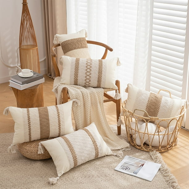 Funda de almohada con borla 30x50cm Blanco | Funda decorativa suave para el sofá, la mesilla, el salón | Textura de lujo bordada | Cremallera oculta | Decoración del hogar con estilo