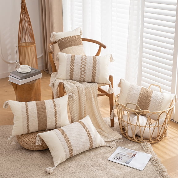 Naxoaeo Tassel Pillow Cover, 12x20 Inch Decorative Throw Pillow Case for Sofa Couch Bed Living Room, Soft Fabric with Embroidered Tassel Design, Hidden Zipper, Housewarming Gift