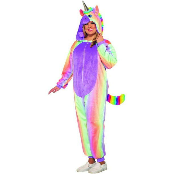 Unicorn Rainbow Womens Adult Fantasy Zip Up Costume Plush Jumpsuit ...