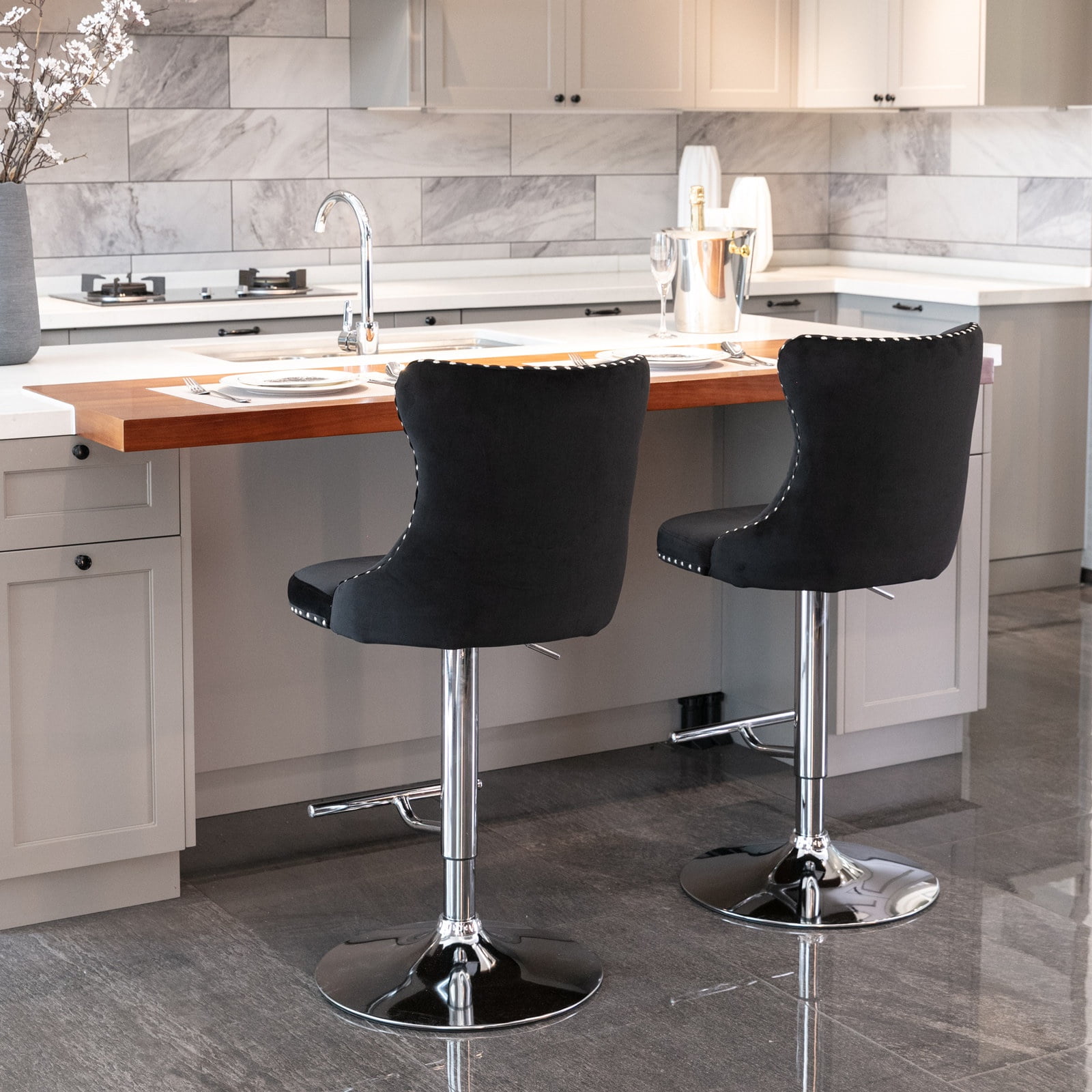 Swivel Bar Stools of 2, LegaHome Velvet Counter Height Barstools, 25-33 Inch Adjustable Height Bar Stools for Kitchen Counter, Modern Upholstered Kitchen Island Chairs, 300lbs Capacity, Black