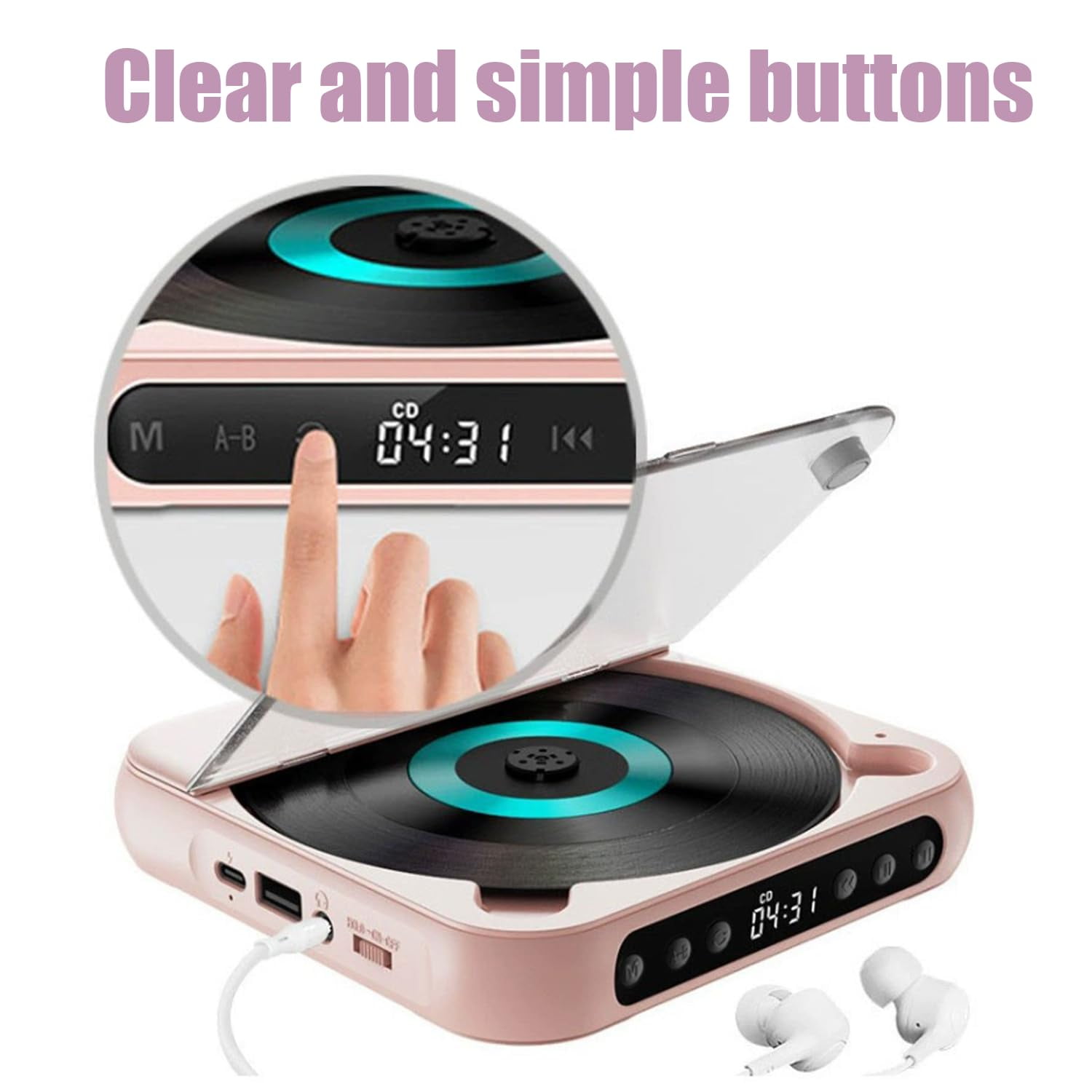 Yuguz Portable CD Player, New Bluetooth-Compatible CD-Player with Headphones, Supports CD/USB/BT and Repeat Modes, Mini Rechargeable Discman for Home, Office, Travel (Black)