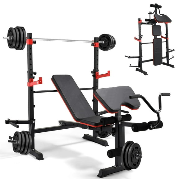Arlopu Adjustable Weight Bench 900lbs 6-in-1 Olympic Foldable Bench Press Set with Squat Rack, Leg Extension, Preacher Curl for Home Gym Full Body Strength Training