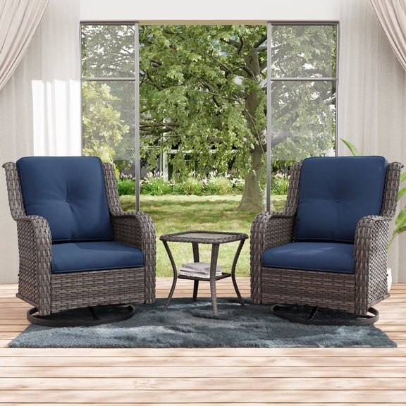 MeetLeisure 3 Piece Wicker Patio Furniture Set with Side Table, Outdoor Swivel Rocker Chairs with High Back, Deep Seating, Wide Armrest, Thick Cushions for Deck Porch, Dark Blue