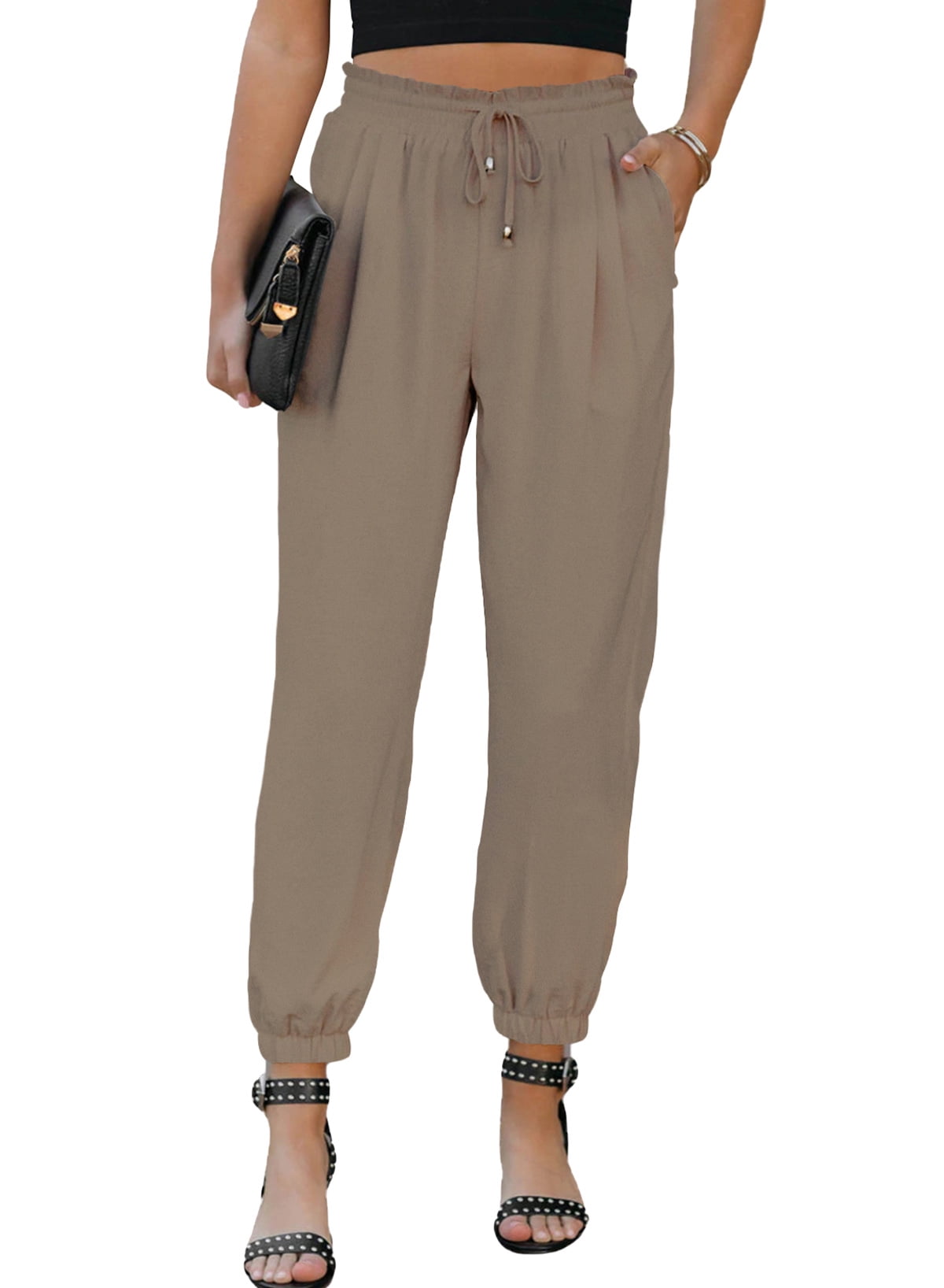 EVALESS Womens High Waisted Joggers Pants Drawstring Elastic Linen